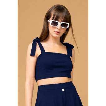 Navy blue knot tie shoulder sleeveless crop cami top for women