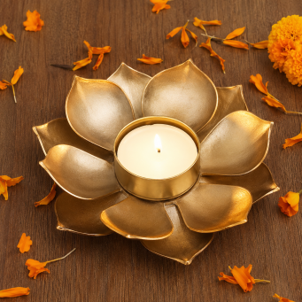Front view of RAS DECO golden metal lotus flower candle holder