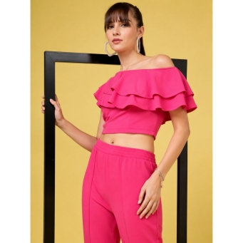Baby pink off shoulder ruffle crop top for women