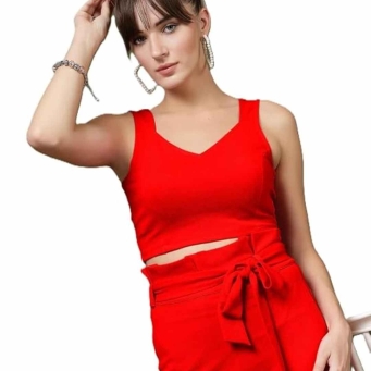 Orange V neck cotton knit sleeveless crop top for women
