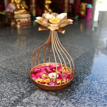 RAS DECO metal lotus tealight candle holder with urli bowl base for Diwali decoration