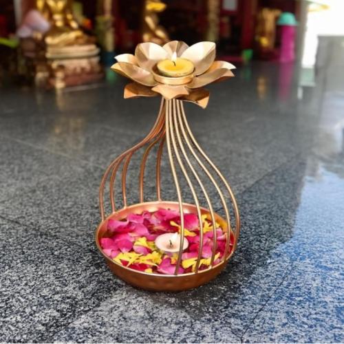 Gold Metal Lotus Tealight Candle Holder with Urli Bowl | Diwali & Festive Home Decor