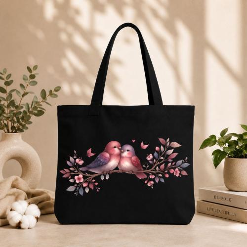 STYLLURE Black Cotton Canvas Tote Bag – Love Birds Print