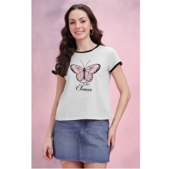Women's stylish printed cotton blend white round neck t-shirt