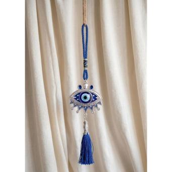 Blue evil eye hanging nazar battu talisman with decorative tassel