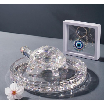 Crystal glass turtle showpiece with decorative plate and evil eye keychain
