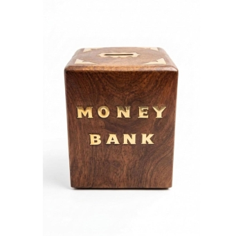 Handcrafted sheesham wood money bank with brass inlay