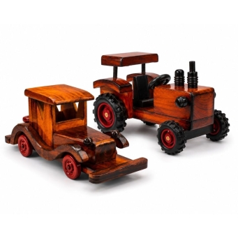 Handcrafted wooden tractor and vintage car showpiece combo
