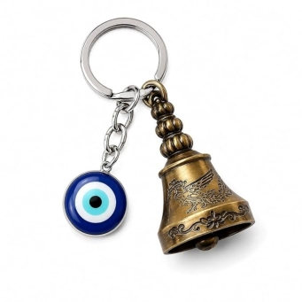 Tibetan style evil eye guardian bell keychain with antique brass finish