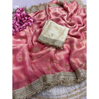 Red fancy satin saree with sequin butti and unstitched blouse piece