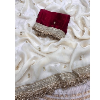 Maroon fancy satin saree with sequin butti design and unstitched blouse piece