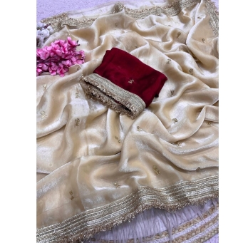 Wine premium fancy satin saree with sequin butti work and unstitched blouse piece