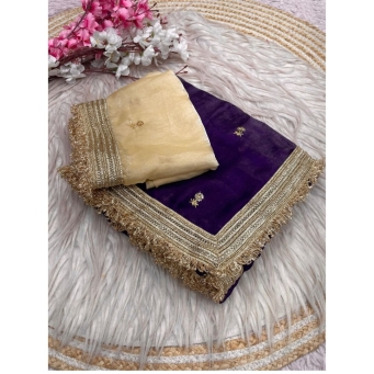 Wine premium fancy satin saree with sequin butti work and unstitched blouse piece