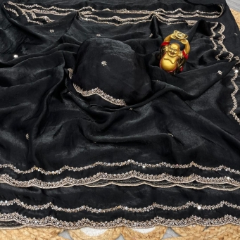 Black fancy satin fabric saree with heavy work fancy blouse