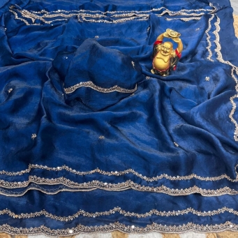 Light blue fancy satin saree with heavy work fancy blouse
