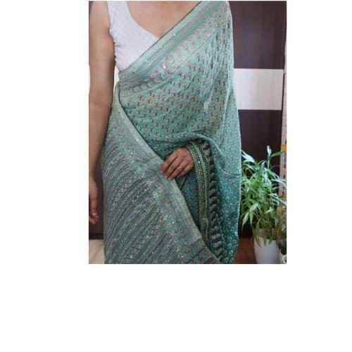 Blue Fox Georgette Saree with Real Mirror Work & Hand Work Blouse Piece