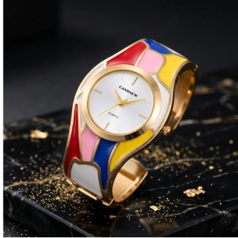 Color Block Gold Cuff Bracelet Watch for Women