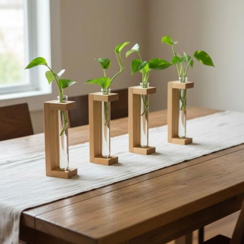 Wooden Hydroponic Plant Holder with Glass Test Tube Set of 4