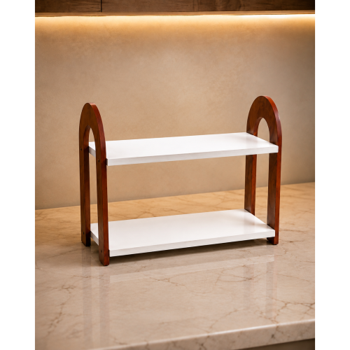 Wooden 2-Tier Tabletop Organizer Rack for Kitchen Countertop & Office Desk | Modern Dual Shelf Display Stand (White & Brown)