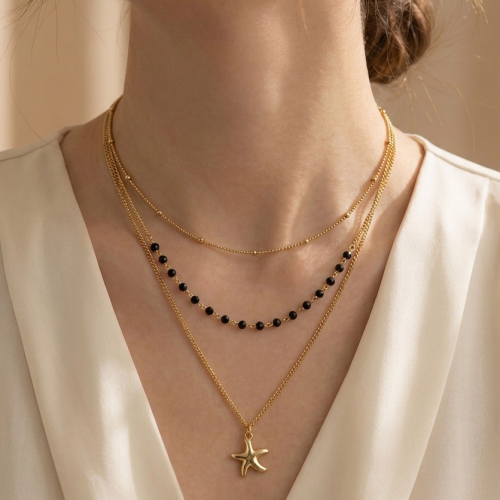 Anti-Tarnish Triple Layer Starfish Pendant Necklace with Black Beaded Chain
