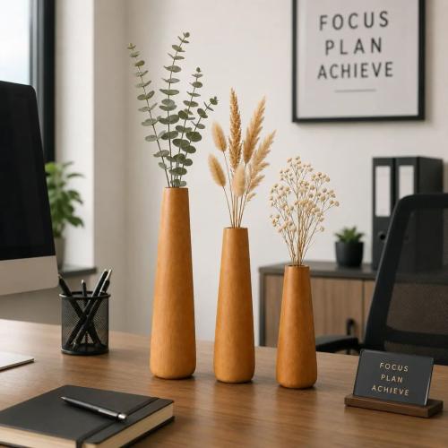 Handcrafted Beech Wood Flower Vase Set of 3 – Modern Tapered Wooden Bud Vases for Home Décor     