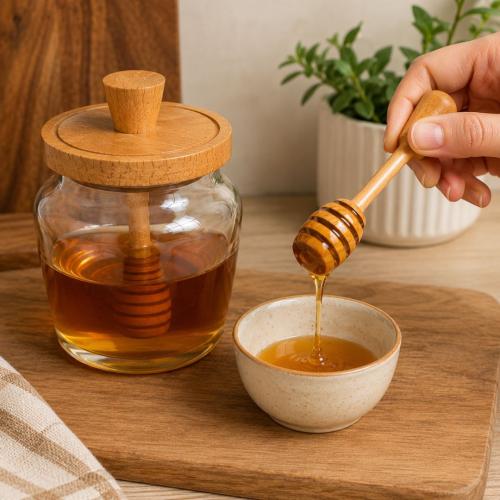 Glass Honey Jar with Wooden Lid & Dipper | Premium Honey Storage Container with Wooden Honey Spoon 