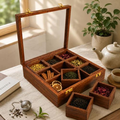 Sheesha Wood 9-Compartment Storage Box with Glass Lid – Multipurpose Organizer