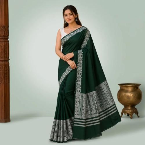 Green Cotton Silver Embroidered Border Saree Mekhela Sador for Women