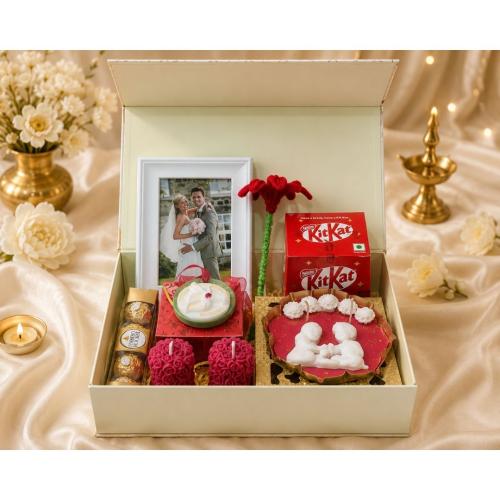  Raksha Bandhan Gift Hamper with Brother-Sister Candles, Rose Candles, Photo Frame & Chocolates