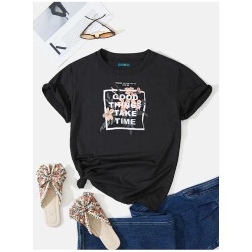 Women’s Printed Round Neck Cotton Blend Black T-Shirt