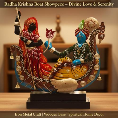 Radha Krishna Boat Showpiece for Home Decor | Iron Metal Decorative Idol with Wooden Base
