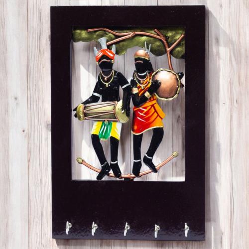 Wall-Mounted Tribal Key Holder | 5-Hook Handcrafted Wooden & Metal Key Organizer