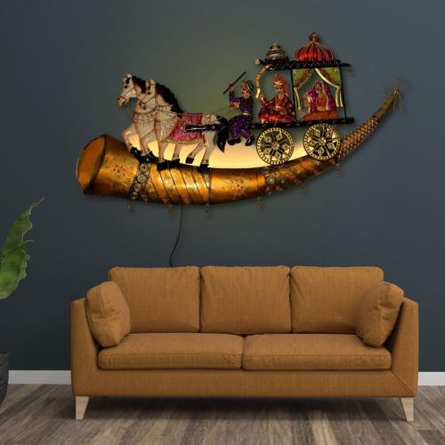 Traditional Indian Wall Décor – Iron Chariot with Horses & Royal Figures