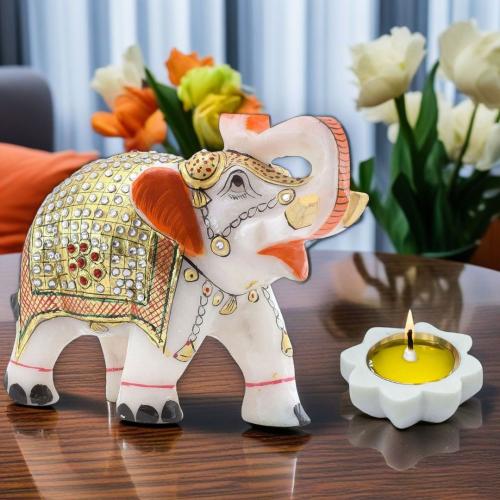 Diwali Gift Set with Handcrafted 5-Inch Marble Elephant & 3-Inch Marble Diya