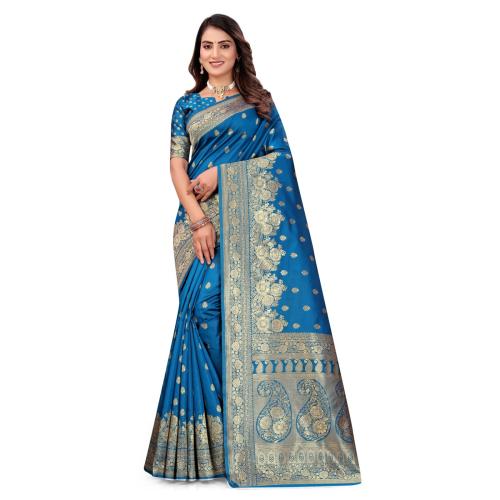 Peacock Blue Jacquard Woven Banarasi Silk Saree with Blouse Piece