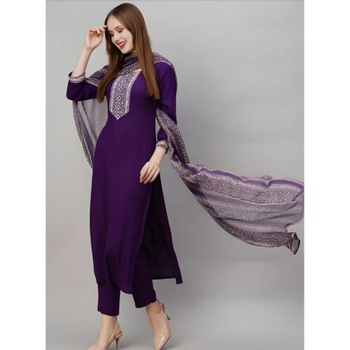 Women’s Rayon Slub Ethnic Kurta Pant Dupatta Set