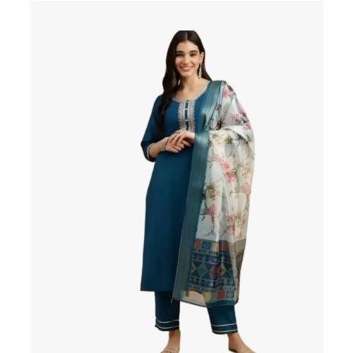 Women's Rayon Slub Kurta Pant with Dupatta Set -Peacock Blue 
