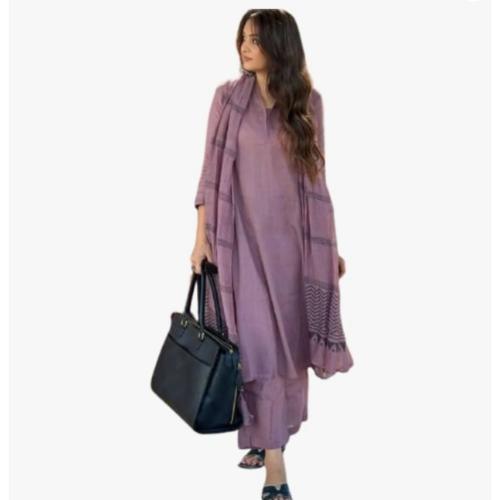 Womens Mauve Rayon Slub Embroidered Kurta Pant Dupatta Set