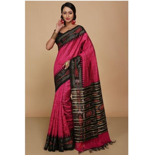 Deep Pink Handloom Raw Silk Saree with Black Contrast & Rich Ikat Pallu