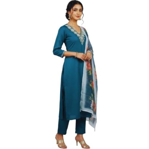 Women’s Deep Sea Blue Rayon Slub Embroidered Kurta Pant Dupatta Set