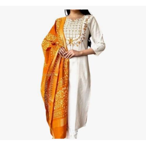 Women’s Khadi Cotton Embroidered Kurta Pant Set with Chanderi Dupatta