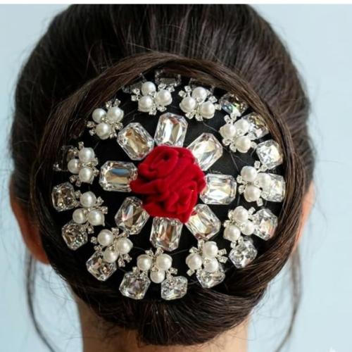 Black Round Floral Brooch Pin with Crystal Rhinestones, Faux Pearls & Red Rose