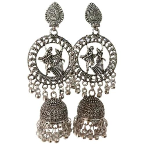 Antique Silver Tone Radha Krishna Stud Earrings for Women & Girls