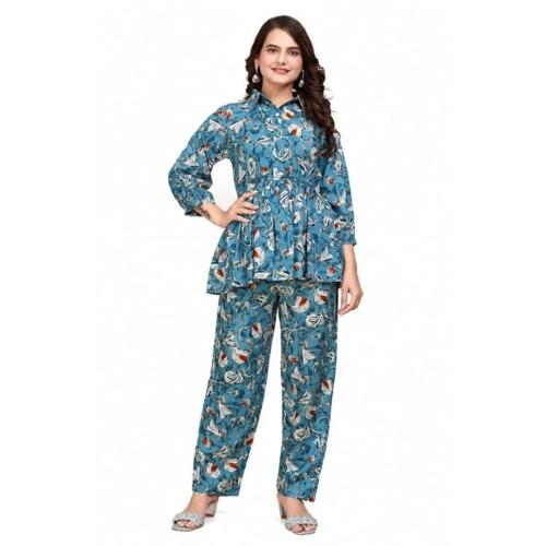Women’s Blue Printed Top Palazzo Co Ord Set