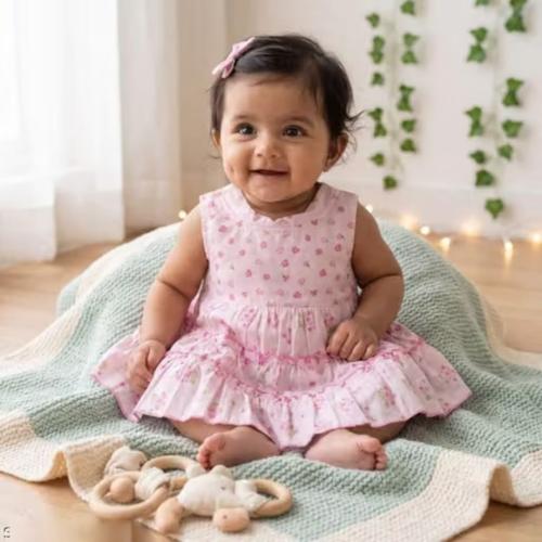 Girls Pink Floral Print Sleeveless Tiered Fit & Flare Cotton Midi Frock Dress