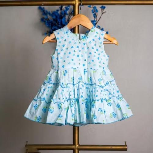 Cute Baby Girl Sky Blue Floral Sleeveless Fit & Flare Tiered Cotton Midi Frock