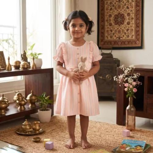 Trendy Kids Girls Pastel Striped Cotton Blend A-Line Frock with Puff Sleeves and Back Tie-up Belt