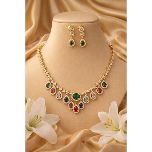 Madhuri Elegant Multicolour Teardrop Necklace Set Gold Finish