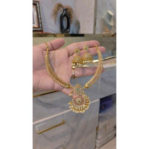 Gold-Plated Hasli Set with Jhumka Earrings & Pearl Detailing