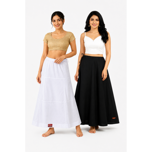 Women Cotton Saree Petticoat Combo Pack of 2 White & Black | XL Size Daily Wear 